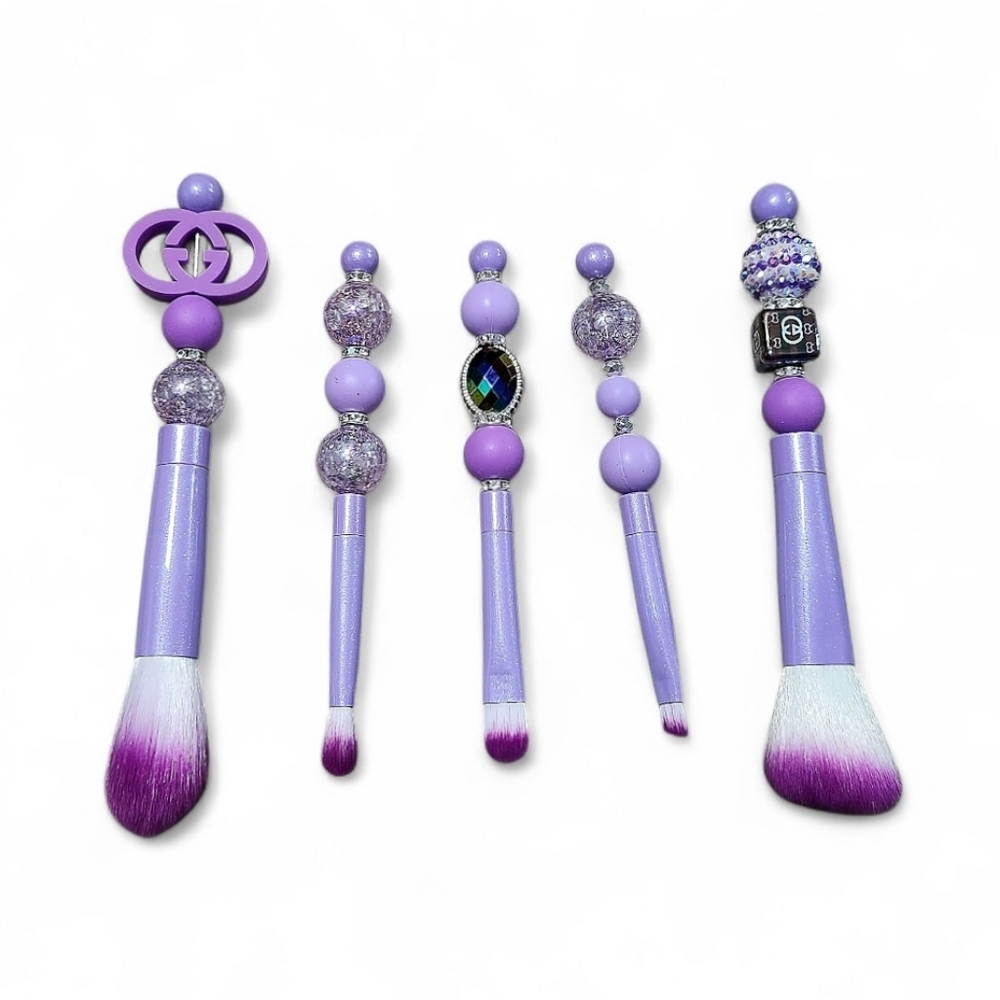 Fashion Beauty Makeup 5 Piece Brush Set Fancy Custom Beaded Purple